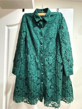 Zara Emerald Green Lace Midi Dress with Pearl Buttons